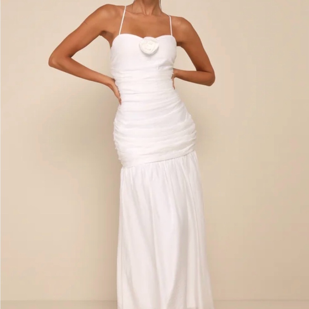 Lulus Dream Elegance White Ruched Rosette Drop Waist Maxi Dress